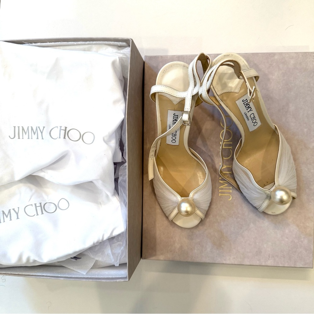 JIMMY CHOO Sacaria 85 Block Heels Sandals Cream White Bridal Pearl 37.5 7.5 - Picture 2 of 14